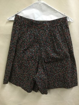 Womens, Shorts, NO LABEL, Black, Cotton, Floral, 26, with Red/salmon/off White/steel Blue Tiny Floral Print, 2" with Partly Elastic Waist Band, Zip Back with a Wrap-around Flap Back,