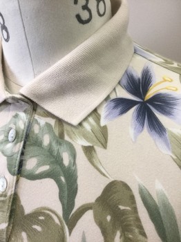 HAVANA JACK'S CAFE, Ecru, Sage Green, Lt Blue, Navy Blue, Cotton, Spandex, Tropical , Leaves/Vines , Ecru with Shades of Green Tropical Leaves, Light Blue/Navy Flowers with Yellow Detail, Jersey, Short Sleeves, Solid Ecru Rib Knit Collar Attached, 3 Button Front