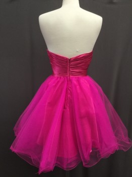 LET'S, Hot Pink, Silver, Polyester, Zig-Zag , Strapless, Rhinestone And Bead Encrusted Bust, Pleated Waistband, Overlocked Hem On Tulle Skirt, Zip Back, Lined, Double, Girl Group, Back Up Singers