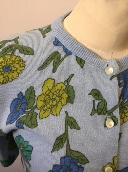 Womens, Sweater, N/L, Lt Blue, Avocado Green, Green, Blue, Teal Green, Orlon Acrylic, Acrylic, Floral, B 32, Floral Cardigan, Button Front, Short Sleeves, Ribbed Knit Neck/Cuff/Waistband
