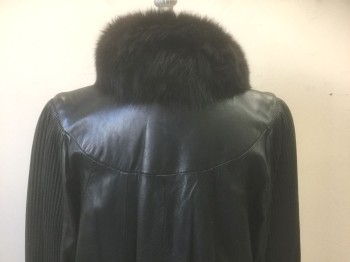 Womens, Coat, GENUINE LEATHER, Black, Leather, Fur, Solid, S, Leather with Black Fur Collar and Cuffs, Pleated Sleeves, Round Yoke at Shoulders, Large Gold Metal Grommets and Clasps, Padded Shoulders, Floor Length,