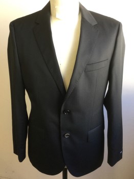 Mens, Sportcoat/Blazer, BOSS, Black, Wool, Solid, 38S, Single Breasted, 2 Buttons,  Gabardine, Hand Picked Collar/Lapel, 3 Pockets, Notched Lapel, 2 Back Vents,
