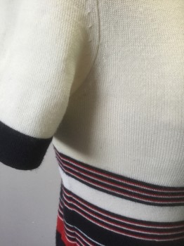 Womens, Pullover, RAG & BONE, Cream, Navy Blue, Red, Wool, Stripes - Horizontal , XXS, Solid Cream with Navy and Red Stripes of Varying Widths at Hem, Knit, Short Sleeves, Solid Navy Round Neck and Edges of Sleeves
