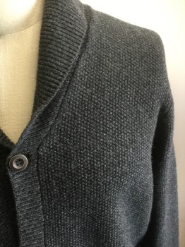Mens, Cardigan Sweater, L.L. BEAN, Charcoal Gray, Wool, Solid, Tall, XL, 5 Buttons, Seed Stitch, 2 Pockets, Shawl Collar,