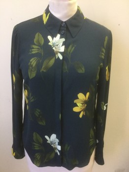 TED BAKER, Navy Blue, Olive Green, Yellow, White, Silk, Floral, Dark Navy with Olive/Yellow/White Floral Pattern, Chiffon, Long Sleeve Button Front, Collar Attached, Covered Button Placket