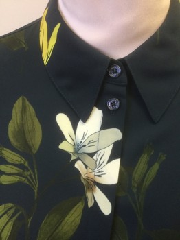 TED BAKER, Navy Blue, Olive Green, Yellow, White, Silk, Floral, Dark Navy with Olive/Yellow/White Floral Pattern, Chiffon, Long Sleeve Button Front, Collar Attached, Covered Button Placket