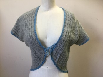 Womens, Sweater, N/L, Gray, Powder Blue, Wool, Solid, S, Shrug Cardigan, Gray Knit with Powder Blue Edges at Armholes, Center Front and Hem, Open at Front with Knit Toggle Closure, Short Sleeves, Cropped Length, Hand Knit *Has Some Holes