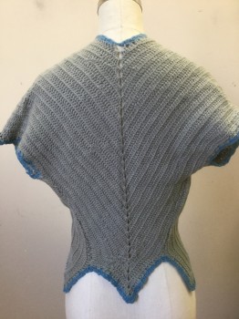 Womens, Sweater, N/L, Gray, Powder Blue, Wool, Solid, S, Shrug Cardigan, Gray Knit with Powder Blue Edges at Armholes, Center Front and Hem, Open at Front with Knit Toggle Closure, Short Sleeves, Cropped Length, Hand Knit *Has Some Holes