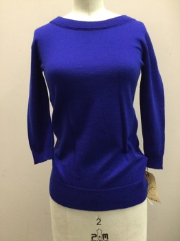 Womens, Pullover, JCREW, Royal Purple, Wool, Solid, XXS, Royal Blue, Crew Neck, 3/4 Sleeves