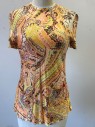 N/L, Orange, Yellow, Lt Pink, Brown, Nylon, Paisley/Swirls, Abstract , Groovy Psychedelic Print, Stretchy, Short Sleeves, Round Neck,  Center Back Zipper, 2 Patch Pockets at Hips, Late 1960's