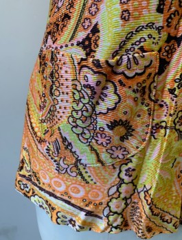 N/L, Orange, Yellow, Lt Pink, Brown, Nylon, Paisley/Swirls, Abstract , Groovy Psychedelic Print, Stretchy, Short Sleeves, Round Neck,  Center Back Zipper, 2 Patch Pockets at Hips, Late 1960's