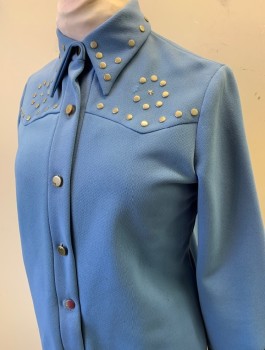 Womens, 1970s Vintage, Suit, Jacket, CM CALIFORNIA, Periwinkle Blue, Polyester, Solid, B:40, Double Knit Polyester, Long Sleeves, Button Front, Silver Studs at Collar and Western Yoke, **Missing 1 Stud in Front,