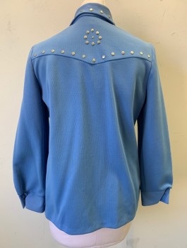 Womens, 1970s Vintage, Suit, Jacket, CM CALIFORNIA, Periwinkle Blue, Polyester, Solid, B:40, Double Knit Polyester, Long Sleeves, Button Front, Silver Studs at Collar and Western Yoke, **Missing 1 Stud in Front,