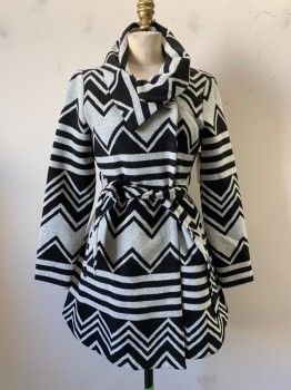 Womens, Casual Jacket, NL, Gray, Black, Polyester, Wool, Geometric, XS, 2 Piece with Belt, Cowl Neck, Button Front, Concealed Buttons, Long Sleeves, A-Line