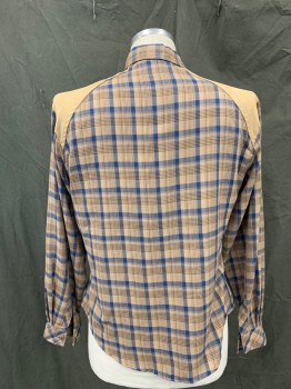 Mens, Western Shirt, KENNINGTON, Brown, Lt Brown, Navy Blue, Almond, Tan Brown, Polyester, Cotton, Plaid, L, Flannel, Button Front, Tan Corduroy Western Yoke, Collar Attached, 2 Flap Corduroy Pockets with Button Tabs, Long Sleeves, Button Cuff