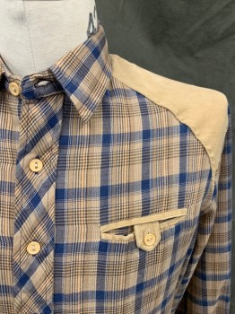 Mens, Western Shirt, KENNINGTON, Brown, Lt Brown, Navy Blue, Almond, Tan Brown, Polyester, Cotton, Plaid, L, Flannel, Button Front, Tan Corduroy Western Yoke, Collar Attached, 2 Flap Corduroy Pockets with Button Tabs, Long Sleeves, Button Cuff