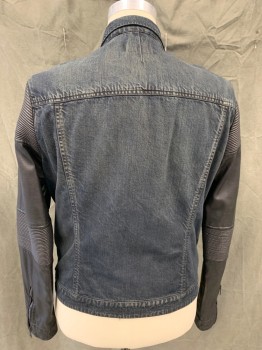 Mens, Jean Jacket, ROGUE STATE, Black, Cotton, Polyurethane, Solid, XL, Denim Body, Pleather Sleeves, Zip Front, Collar Attached, 4 Pockets, Sleeves Ribbed at Shoulders and Elbows, Zip Up Cuff