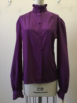 ISABELLE, Purple, Synthetic, Solid, Button Front, Stand Ruffle Collar Attached, Long Sleeves, Ruffle Cuffs