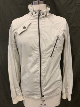 Mens, Casual Jacket, G-STAR, Ecru, Cotton, Solid, L, Zip Font Stand Collar with Belt Loops, 3 Pockets, Raglan Long Sleeves, Faux Flap Pocket at Right Front Raglan Seam, Ribbed Knit Cuff