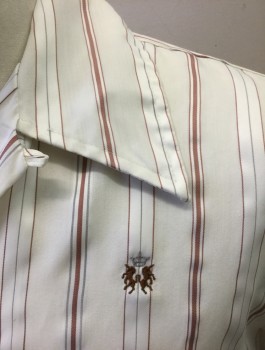 MR. CALIFORNIA, White, Brick Red, Gray, Poly/Cotton, Stripes - Pin, Short Sleeve Button Front, Collar Attached, 2 Patch Pockets, Brown Embroidered Logo at Chest,