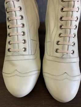 RE-MIX, Ivory White, Leather, Solid, Ankle Boots, Lace Up, Side Zip, Wing Tip Toes, Curved 2" Heel,