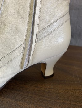 RE-MIX, Ivory White, Leather, Solid, Ankle Boots, Lace Up, Side Zip, Wing Tip Toes, Curved 2" Heel,
