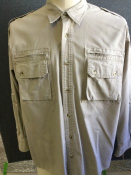 CABELAS, Khaki Brown, Cotton, Solid, SAFARI, Long Sleeves, Button Front, Collar Attached, Epaulets, 3 Pockets,