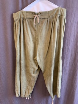 M.T.O., Sage Green, Cotton, Linen, Solid, Mens 1700's Knickers, Silver Button Fly, Drawstring Cuffs, Lightly Aged. Multiple