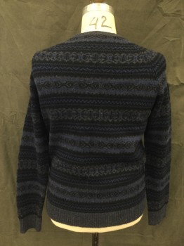 Mens, Pullover Sweater, J. CREW, Black, Gray, Blue, Wool, Stripes, L, Knit Abstract Stripe, Ribbed Knit Solid Heather Blue Crew Neck/Waistband/Cuff, Long Sleeves