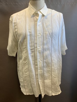 THE HAVANERA CO, White, Brown, Linen, Rayon, Stripes - Vertical , Short Sleeve Button Front, Collar Attached, Wavy Embroidered Brown Stripes