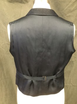 Mens, Historical Fiction Vest, N/L, Black, Navy Blue, Silk, Stripes, 42, Jacquard Curved Line Stripes, 5 Fabric Covered Buttons, Rounded Long Collar Attached, 2 Faux Pockets, Solid Navy Back, Self Buckle Belted Back Waist