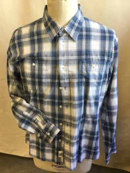 WRANGLER, Teal Blue, Slate Blue, Charcoal Gray, Gray, White, Cotton, Spandex, Plaid, Plaid-  Windowpane, Collar Attached, Button Front, 2 Pockets, Long Sleeves,