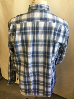 WRANGLER, Teal Blue, Slate Blue, Charcoal Gray, Gray, White, Cotton, Spandex, Plaid, Plaid-  Windowpane, Collar Attached, Button Front, 2 Pockets, Long Sleeves,