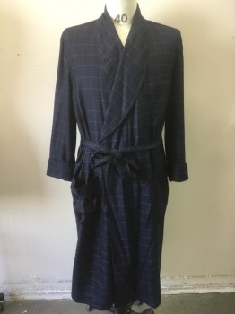 Mens, Bathrobe, STERLING, Navy Blue, Blue, Cashmere, Plaid-  Windowpane, M, Self Belt, 3 Pockets, Piping on Shawl Collar, Cuffs on Sleeves, Lined,