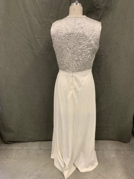 Womens, 1960s Vintage, Dress, N/L, Silver, White, Lurex, Solid, Abstract , W 29, B 38, H 36, Evening Dress, Swirling Silver Brocade Top, Sleeveless, Zip Back, White/Silver Speckled Skirt, Floor Length Hem, Small Center Front Bow,