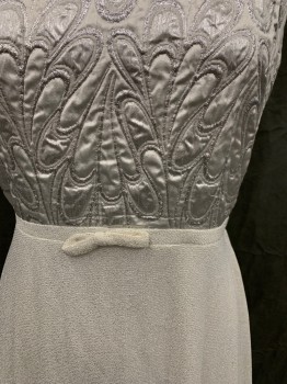 Womens, 1960s Vintage, Dress, N/L, Silver, White, Lurex, Solid, Abstract , W 29, B 38, H 36, Evening Dress, Swirling Silver Brocade Top, Sleeveless, Zip Back, White/Silver Speckled Skirt, Floor Length Hem, Small Center Front Bow,