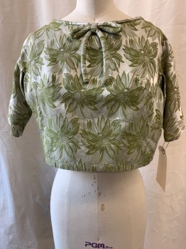 NO LABEL, Green, Silver, Synthetic, Floral, Jacket, Round Neck with Bow,  Button Up Back, Short Sleeves, Cropped,