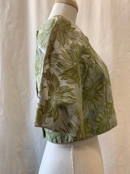Womens, 1960s Vintage, Piece 2, NO LABEL, Green, Silver, Synthetic, Floral, B 32, Jacket, Round Neck with Bow,  Button Up Back, Short Sleeves, Cropped,