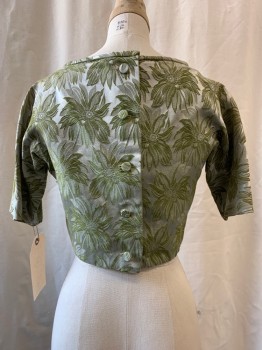 NO LABEL, Green, Silver, Synthetic, Floral, Jacket, Round Neck with Bow,  Button Up Back, Short Sleeves, Cropped,