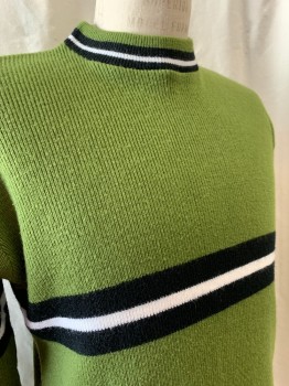 FORUM, Green, Acrylic, Pullover, Mock Neck, Pullover, Black & White Stripes on Neckline & Horizontally Across Front & Back, Long Sleeves