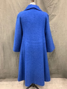 Womens, Coat, TEMP-RESISTN, Royal Blue, Wool, Solid, B 42, Boucle, Large Lavender and Black Buttons, Raglan Long Sleeves, 2 Welt Pockets, A-line, Herringbone Woven Wide Collar,