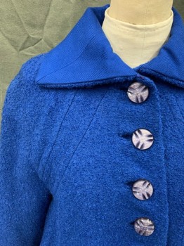 Womens, Coat, TEMP-RESISTN, Royal Blue, Wool, Solid, B 42, Boucle, Large Lavender and Black Buttons, Raglan Long Sleeves, 2 Welt Pockets, A-line, Herringbone Woven Wide Collar,