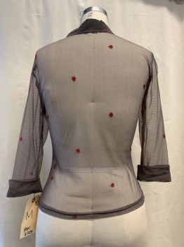 Womens, Blouse, HOUR GLASS, Gray, Red, Nylon, Acetate, Floral, B34, M, Sheer Gray Net, Red Embroidery, Button Front, Collar Attached, Cuffed Long Sleeves,