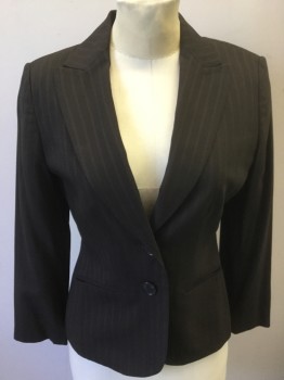 Womens, Suit, Jacket, ANN TAYLOR, Chocolate Brown, Lt Gray, Wool, Viscose, Stripes - Pin, Petite, 2, Single Breasted, 2 Buttons,  Peaked Lapel, Hand Picked Collar/Lapel, 2 Welt Pocket,