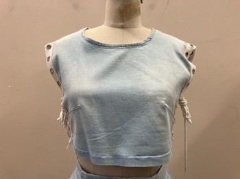 Womens, 1980s Vintage, Piece 1, 36 POINT 5, W:26, B:35, H:35, Faded Blue Stretch Denim Crop Top, Round Neck,  Open Sides with Twill Tape And Silver Grommet Holes For Lace Up