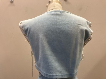 Womens, 1980s Vintage, Piece 1, 36 POINT 5, W:26, B:35, H:35, Faded Blue Stretch Denim Crop Top, Round Neck,  Open Sides with Twill Tape And Silver Grommet Holes For Lace Up