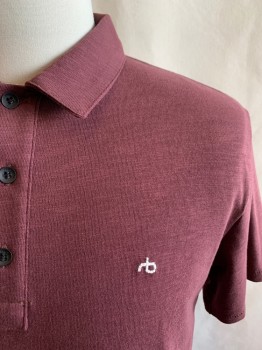 RAG & BONE, Red Burgundy, Cotton, Solid, Heathered, Collar Attached, 3 Black Buttons, Half Placket, Short Sleeves