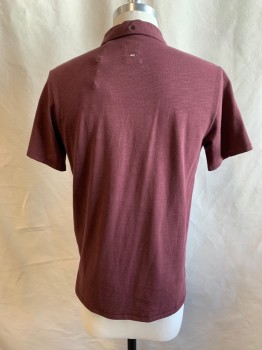 RAG & BONE, Red Burgundy, Cotton, Solid, Heathered, Collar Attached, 3 Black Buttons, Half Placket, Short Sleeves