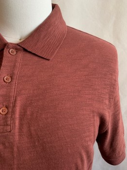 VINCE, Dusty Red, Cotton, Heathered, Solid, Collar Attached, 3 Buttons, Half Placket, Short Sleeves