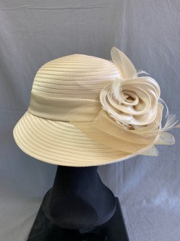 Womens, Hat , Forbusite, Beige, Polyester, Basket Weave, Ruffled Flowers with Feathers, Bow